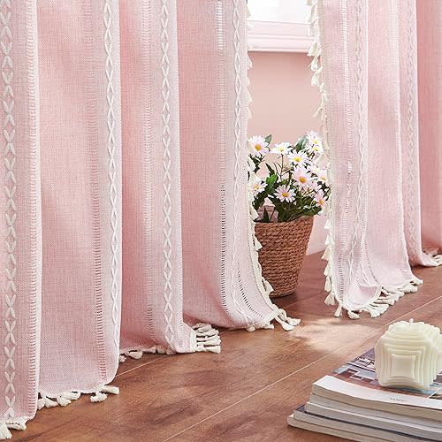 Linen Boho Pink Embroidered Curtains for Girls Bedroom & Nursery - 84" Long, 2 Panels, Light Filtering Farmhouse Drapes (52" W x 84" L)