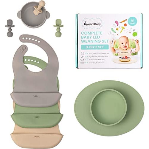UpwardBaby Led Weaning Supplies - Suction Plates for Baby - Spoons Self Feeding 6 months, Suction Bowls & Silicone Plates - Toddler Plates and Bowls Set Eating - First Stage BLW Utensils 6-12 Months