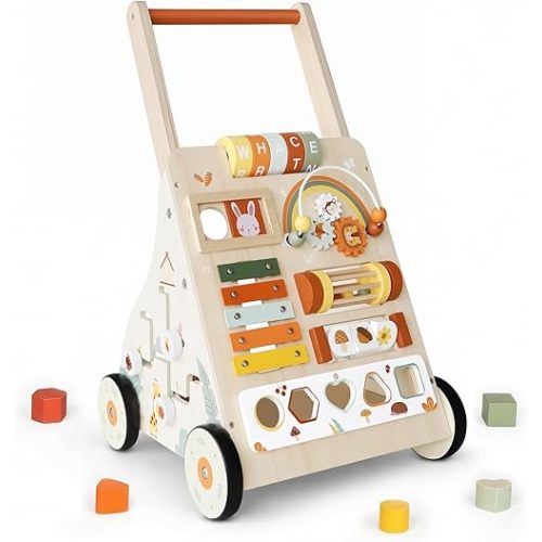 Wooden Baby Walker with Wheels, Baby Push Walker Activity Center for Babies 18 Months+, Montessori Walking Toy for Learning to Walk, Toddler 1st Birthday Gift