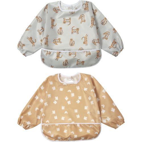 Little Dimsum Mess-Proof Baby Bibs|Infant Toddler Long Sleeve Waterproof Feeding Art Smock|Catching Food & Wipe Clean| Pack of 2 Colors