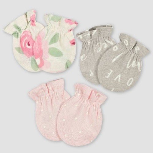 Gerber Baby Girls' 3pk Floral Mittens - White/gray/light Pink