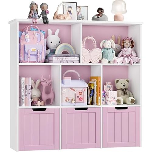 FOTOSOK Toy Storage Organizer with 3 Movable Drawers, Floor Storage Cabinet Toy Chest with Hidden Wheels and 5 Storage Cubbies, Multifunctional Storage Chest for Living Room, Home Office, Pink