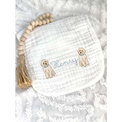 Dog lover Baby Gift | Custom Embroidered Muslin Burp Rag | Personalized Baby Burp Cloth | Baby Shower Gift | Newborn Gift | Golden Doodle