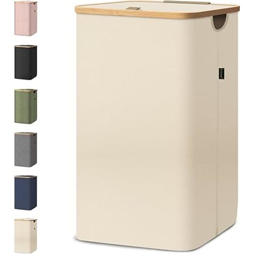 BALEINE Laundry Hamper with Lid, Tall Laundry Baskets with Bamboo Pull Handles, Large Laundry Bin with Internal Support (26 Gal/100L, Beige)