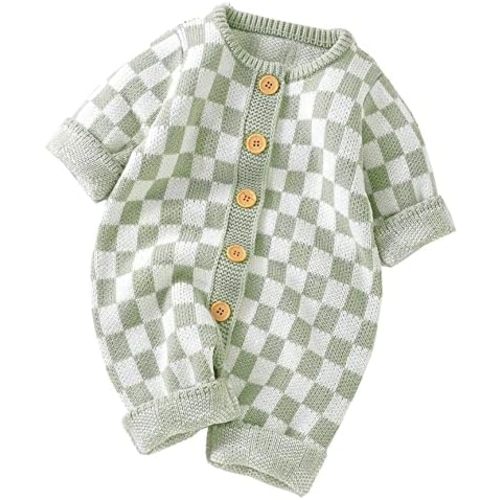 Unisex Baby Girl Boy Knitted Romper Jumpsuit Checkerboard Plaid One Piece Button Down Sweater Playsuit Clothes