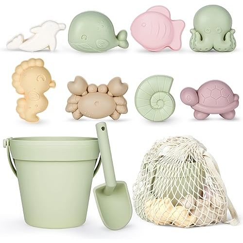 MarcZero 11Pcs Silicone Beach Toys,Modern Baby Beach Toys,Travel Friendly Beach Set,Silicone Bucket, Shovel, 8 Sand Molds, Beach Bag, Sand Toys for Toddlers, Kids (Green)