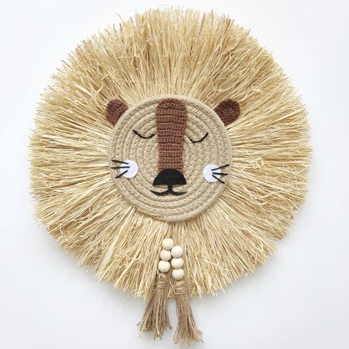 YarnieJiajia Tiger wall hanging decor art boho woven Jungle animal head with bead tassel for baby boy girl nursery room toddler playhouse cubicle bohemian bedroom Decoration