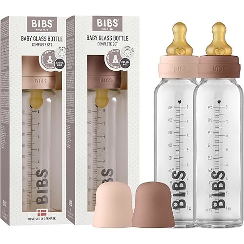 Bibs Baby Glass Bottle | Anti-Colic Borosilicate Glass Bottles | Natural Vented Round Natural Rubber Latex Nipple | Consistent Flow Rate | 7.6 oz/225 ml | 2 Pack | Blush/Woodchuck