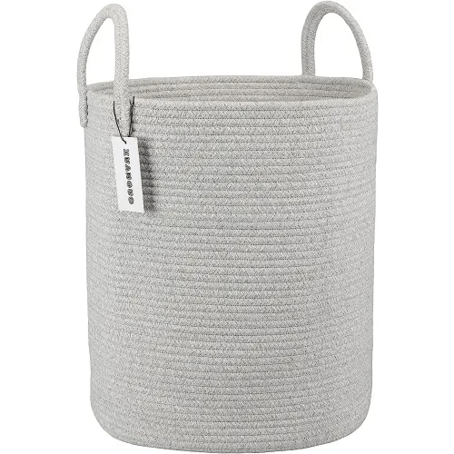 Cotton Rope Laundry Basket Hamper for Clothes Woven Storage Basket for Living Room Bedroom Boho Tall Rope Baskets for Blanket Toys Pillow Towels Baby Nursery Hamper Bin Large light grey