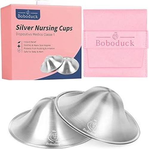 Boboduck The Original Silver Nursing Cups - 999 Silver Nipple Covers Breastfeeding - Protect and Soothe Sore Nipples - Breastfeeding Essentials Silver Nipple Guards with Soft Silicone Ring (X-Large)