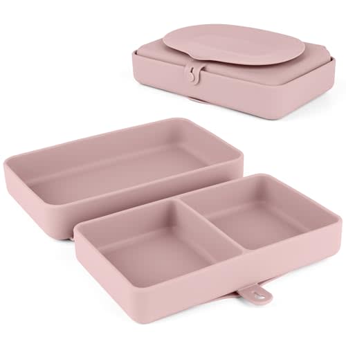 Nearbyme Silicone Baby Plate, Foldable & Compact Food Grade Silicone Plates, Foldable Toddler Travel Essential with Suction for Toddlers (Blush)