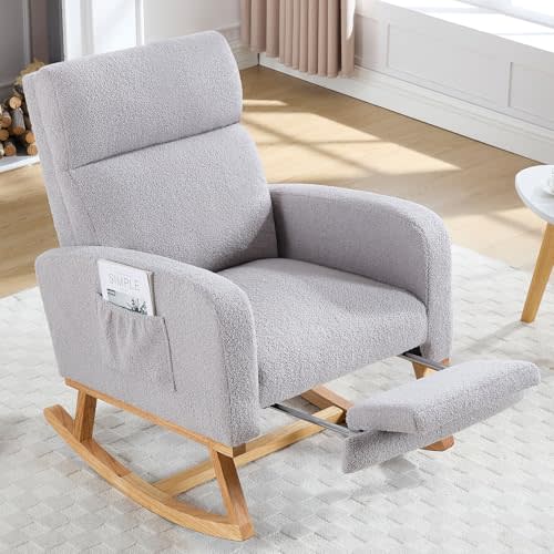 HCHAIRH Rocking Chair Nursery with Foot Rest, Teddy Nursing Rocking Chairs for Mom Nursery, Rocker Glider Chair for Living Room, Bedroom, Light Grey