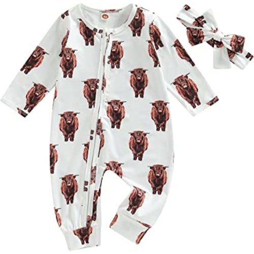 Gueuusu Western Newborn Baby Boy Girl Cow Print Romper Jumpsuit Crewneck One Piece Bodysuit Infant Fall Winter Outfit