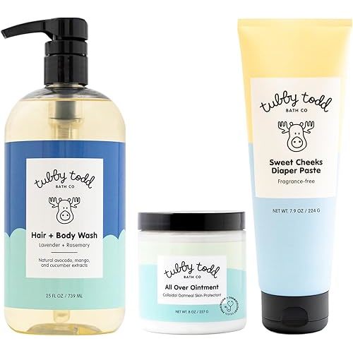 TUBBY TODD Baby Bundle Newborn Skin Care Set - Hypoallergenic Hair + Body Wash, All Over Ointment with Colloidal Oatmeal, Sweet Cheeks Diaper Paste - Lavender Rosemary, Full Size