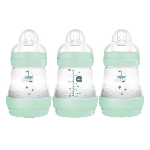 MAM 5oz Easy Start Anti-Colic Wide Neck Vented Baby Bottle, Slow Flow Breastfeeding-Like Nipple,Reduces Colic Gas & Reflux, Easy Clean, BPA Free,0+ Months, Made in Europe,Bonus Medium Flow Nipple