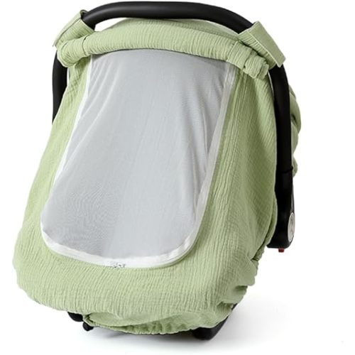 Muslin Cotton Baby Car Seat Cover for Boys and Girls, Summer Baby Car Seat Covers Infant Car Seat Canopy with Breathable Mesh Window Windproof Carseat Cover for Babies (Mint Green)