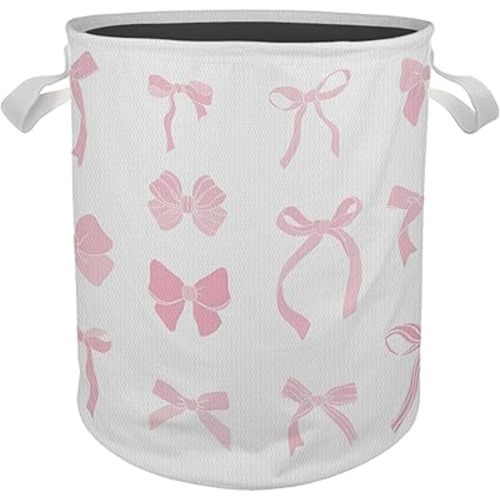 Pink Girls Laundry Basket, Coquette Pink Bow Girly Nursery Laundry Basket Hamper Waterproof Collapsible Storage Bin Organizer for Bedroom Bathroom Kids Girls Room Dorm Clothes Toys