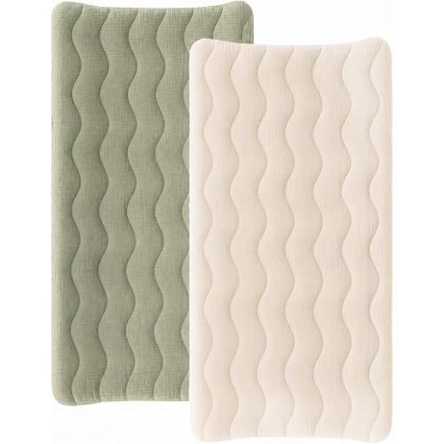 Konssy 2 Pack Quilted Muslin Changing Pad Cover, Waterproof Layer 32" x 16"