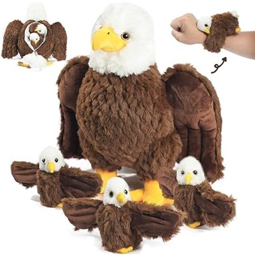 4 Pcs Bald Eagle Stuffed Animal Plush, Zippered Large Mommy Stuffed Eagle Plush with 3 Baby Bald Eagles Toys, Wild Zoo Animals Gifts for Kids Boys Girls Birthday Easter Stuffers Christmas