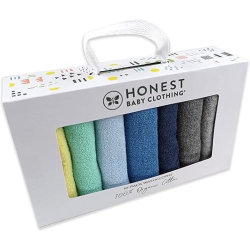HonestBaby 10-Pack Terry Wash Cloths in Gift Box 100% Organic Cotton for Infant Baby Boys, Girls, 10-Pack Rainbow Blues, One Size