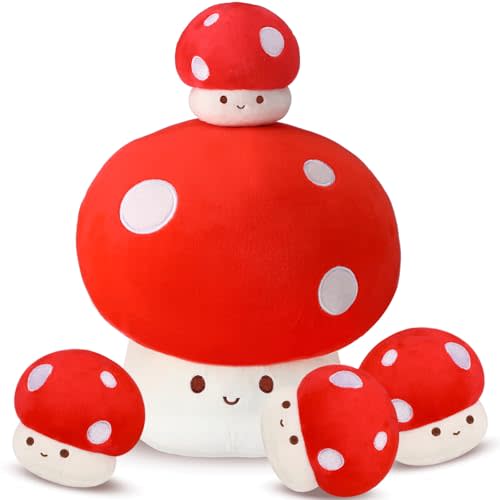 Fanfanwin 5 Pcs Mushroom Plush, 12 Inch Mushroom Plush Pillow with 4 Babies Mushroom Stuffed Animals Mushroom Plush Toy Mushroom Hugging Plush Pillow Room Decor Gift for Girls Kids Adults Valentine