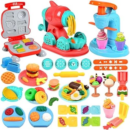 Crelloci 3 in 1 Color Dough Kitchen Creations Set, Ice Cream Spaghetti Burger Maker Machine, Art Crafts Food Modeling Toys, Accessories Tools Kit for Boys Girls Kids Toddlers Ages 3+ (12 Colors Dough)
