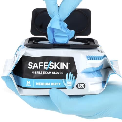 SAFESKIN Disposable Nitrile Gloves in POP-N-GO Pack (50 or 200 Count) Medium Duty, Powder-Free -Cleaning, Gardening, Crafts