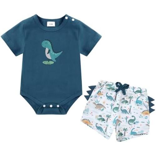 Coco&RARA Baby Boy Clothes Newborn Summer Short Sleeve Cotton Crew Neck Button Crotch Romper Short Set Infant Boy Clothes