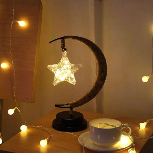 Moon Lamp With Unique Star Light: LED Decor Bedroom, Handmade Rattan Sculptural For Table