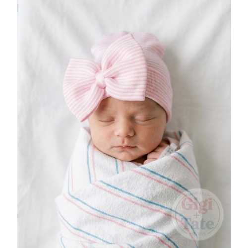 Newborn Girl Hospital Hat with Pink Bow, Handmade