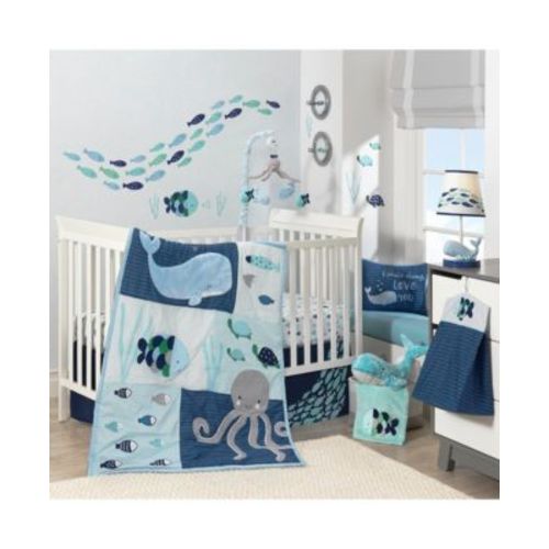 Oceania Blue/Gray/White Whale with Octopus and Fish Nautical Ocean 6-Piece Nursery Baby Crib Bedding Set