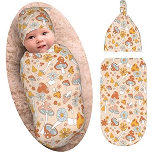 Cute Mushroom Baby Stuff Newborn Swaddle Blanket with Beanie Set, Soft and Stretchy Floral Flowers Baby Blanket Swaddle Sack for Boy and Girl Gift