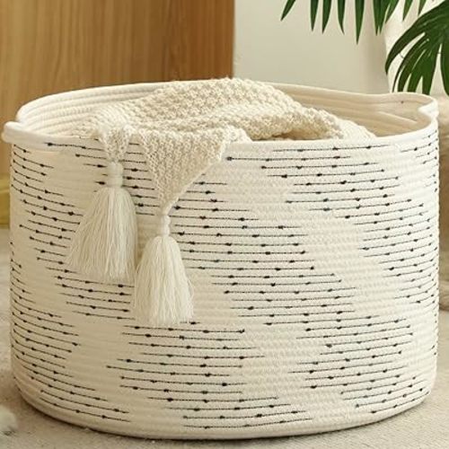 KAKAMAY Large Blanket Basket (20"x13"),Woven Baskets for storage Baby Laundry Hamper,Cotton Rope Blanket Basket for Living Room, Laundry, Nursery, Pillows, Off White with Blue & Brown Dotted Pattern
