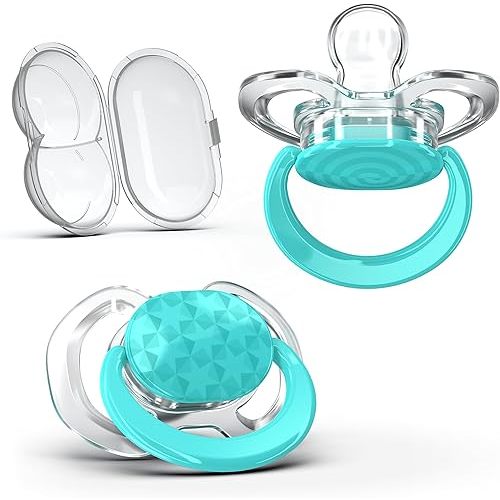Smilo Baby Pacifier - 2 Pack of Slimline Pacifiers for Babies with Sterilization Box - Stage 1 for Babies 0-3 Months - 100% Silicone Newborn Pacifiers BPA Free - Aqua Blue
