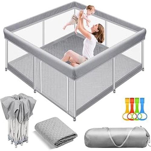 Hestiasko Foldable Baby Playpen with Mat, 50"×50" Foldable Playpen for Babies and Toddlers, Portable Play Yard for Indoor & Outdoor, Foldable Play Pen with 4 Handlers + Suitable Size Mat, Grey
