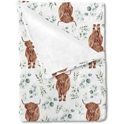 HawSkgFub Highland Cow Eucalyptus Leaf Baby Blanket Boys Shower Gift, Western Cowboy Flannel Fleece Nursery Bed Receiving Swaddle, Soft Lightweight Newborn Infant Crib Toddler Bedding 30 x 40