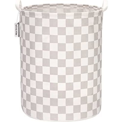 Sea Team 19.7 Inches Large Sized Waterproof Coating Ramie Cotton Fabric Folding Laundry Hamper Bucket Cylindric Burlap Canvas Storage Basket with Stylish Grid Grey Design