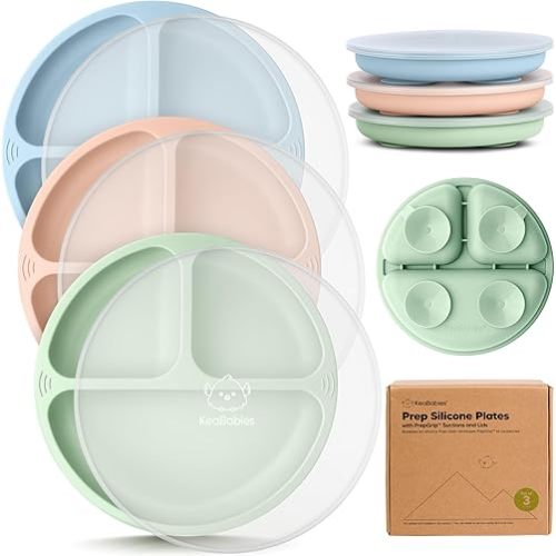 KeaBabies Suction Plates with Lids for Baby - 3-Pack 100% Silicone Suction Plates for Baby, Kids,Toddler Plates,Divided Baby Plates with Suction,Lids, BPA-Free, Microwave, Dishwasher Safe (Mellow)