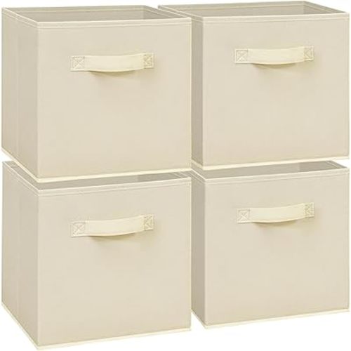 11x11 Storage Bins, Set of 4 Storage Cubes, Collapsible Cube Storage Box, Fabric Closet Organizers with Handles for Home, Office, Closet Shelf Cabinet, Bookcase, Beige