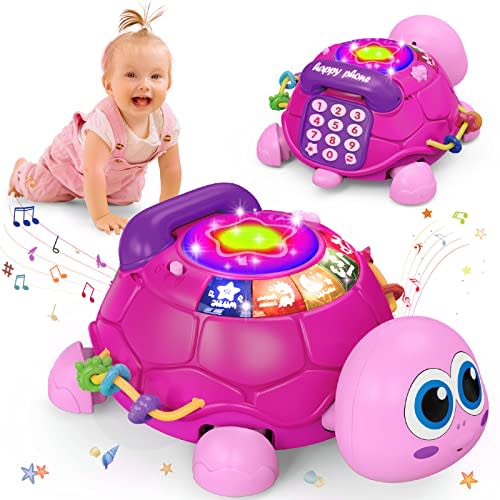 Hanayo Baby Musical Turtle Crawling Girl Toys for 6-18 Months，Infant Early Learning Educational Toy，Baby Girl Gift Essentials for Newborn 7 8 9 11+ Months 1-2 Year Old(Pink)