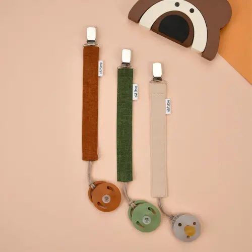 Baby Pacifier Clip, 100% Cotton Pacifier Clip, Handmade Baby Pacifier Holder, Lightweight and Tear-Resistant Pacifier Strap (Triple Pack - Tile Color, Green, Beige)