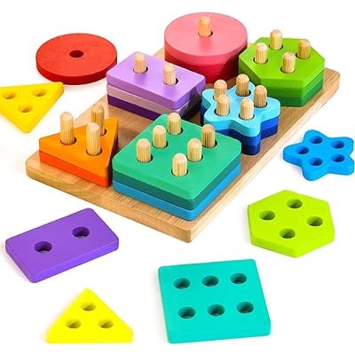 Wooden Sorting & Stacking Toys, Montessori Toys for 1 2 3 Years Old Toddlers, Shape Sorter Puzzles with 24-Piece Large Geometric Blocks & 12 Word Cards, Gift for 12+ Months Baby Boys Girls
