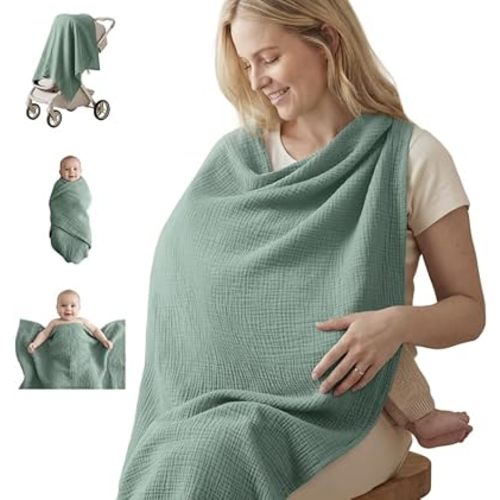 Blissful Diary Muslin Multi-Use Cloth - 4-in-1 Privacy Nursing Cover, Swaddle Blanket, Car Seat Cover, Burp Cloth, Portable Breastfeeding Essentials for Women, Baby Must Have (Roman Green)
