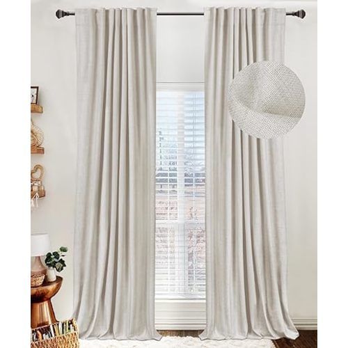 100% Blackout Shield Linen Blackout Curtains for Bedroom 84 Inches Long, Back Tab/Rod Pocket Living Room Drapes, Thermal Insulated Blackout Curtains 2 Panels Set, 50" W x 84" L, NaturalLinen