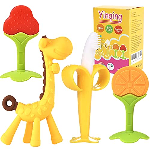 Baby Teething Toys, Silicone Baby Teether Soothe Babies Gums, Baby Banana Toothbrushes, Fruit Shape Giraffe Teething Toys with Storage Case/Bpa-Free Teether Set for Toddler