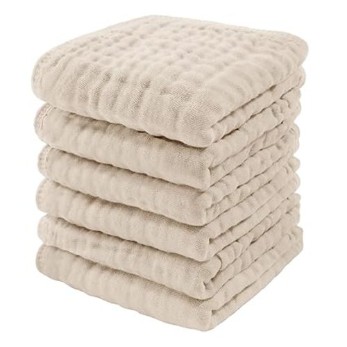 Baby Washcloths, Muslin Cotton Baby Towels, Large 10”x10” Wash Cloths Soft on Sensitive Skin, Absorbent for Boys & Girls, Newborn Baby & Toddlers Essentials Shower Registry Gift (Cream, Pack of 6) - Sand - 10-Pack 20"X10"