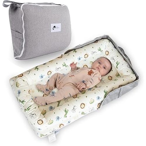 Joyful Journeys Baby Lounger - 2 in 1 Infant Lounger Baby Nest/Diaper Organizer - 100% Cotton Lounger Pillow - Portable Baby Lounger Travel Bed - Newborn Essential - 0-18 Months (Blue Zoo Animals)