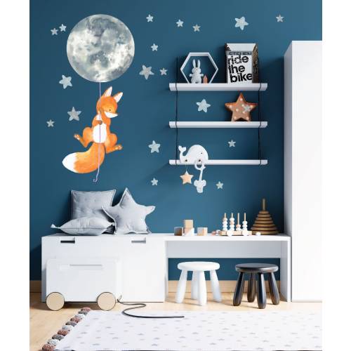 Fox Wall Decal Moon Stars Stickers - Nursery Room Decor Art LF046