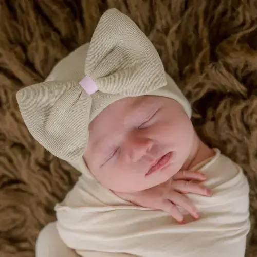 Oatmeal Bow Beanie with White or Pink Ribbon Center - Oatmeal Hospital Hat - Monogram Optional | 0-3 Months