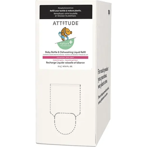 ATTITUDE Baby Dish Soap and Bottle Cleaner, EWG Verified Dishwashing Liquid, No Added Dyes or Fragrances, Tough on Milk Residue and Grease, Vegan, Vegan, Unscented, Bulk Refill, 67.6 Fl Oz